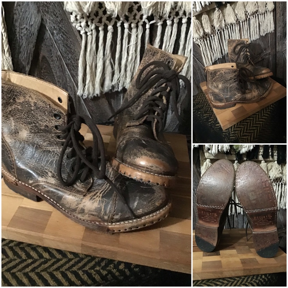 Bed Stu Distressed Rustic Brown Nail Head Leather Combat Ankle Booties